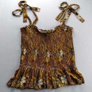 RACHEL ZOE Womens Smocked Crop Top Brown and Yellow Floral Print Tie Straps Boho